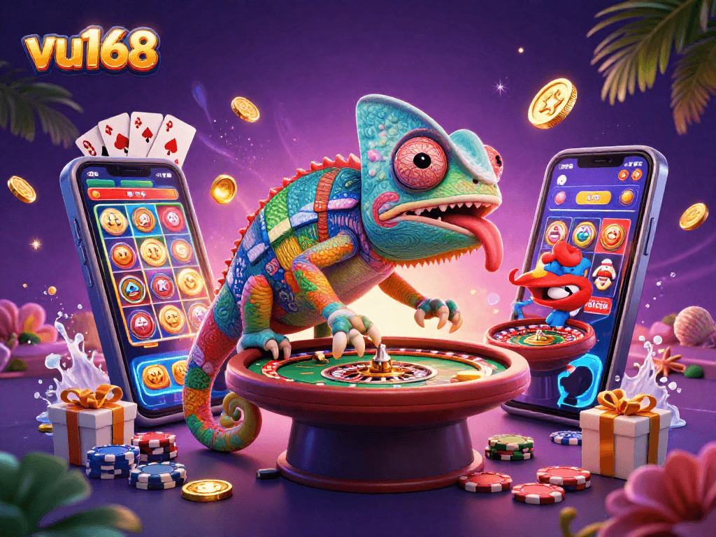 Experience exciting gambling moments at vu168 with a vibrant casino illustration of a chameleon owner and fun gaming elements.