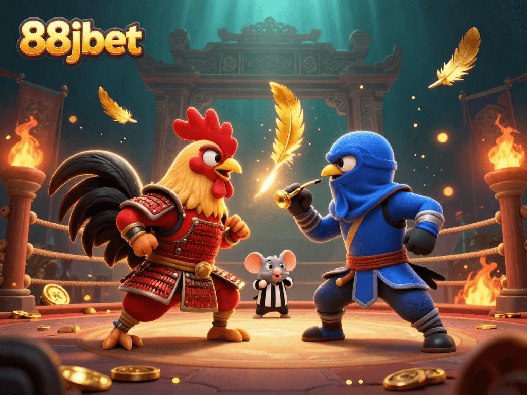 88jbet features intense roosters in combat, surrounded by vibrant casino elements and dynamic effects.