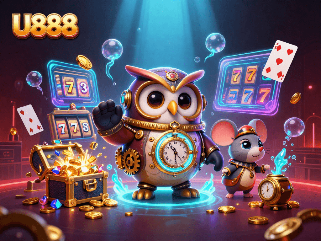 U888 players enjoy vibrant casino action with a time-traveling owl and a clockwork mouse amidst dazzling games.