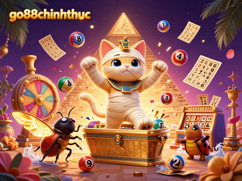 Experience thrilling moments with go88chinhthuc as the mummy cat emerges in a vibrant casino scene.