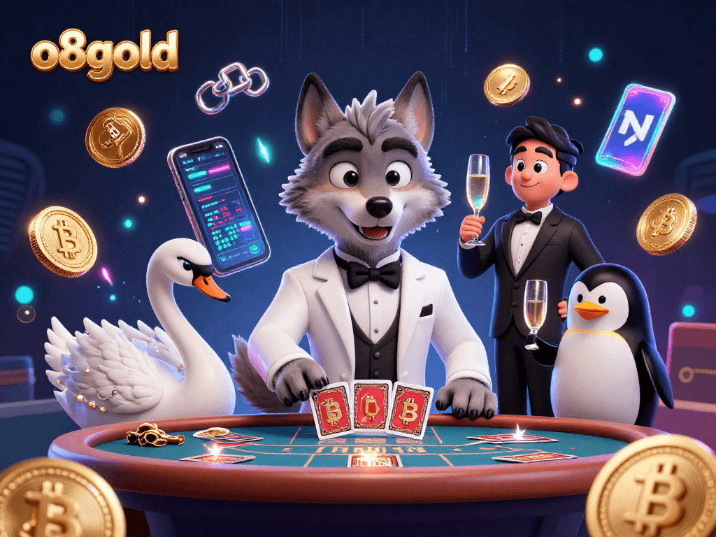 Join the excitement at o8gold with a vibrant casino scene featuring a wolf, swan, and penguin.