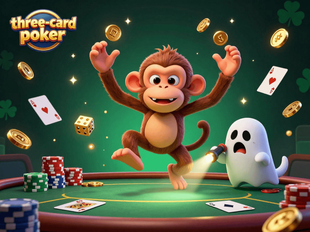 Experience three-card-poker excitement with a playful poltergeist monkey and curious puppy tracking golden coins and poker elements.