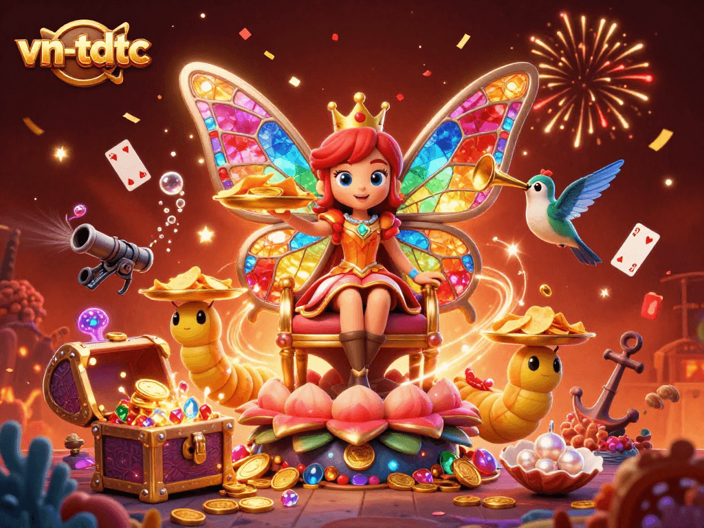 Experience vn-tdtc's vibrant casino scene with a butterfly queen and treasure elements!