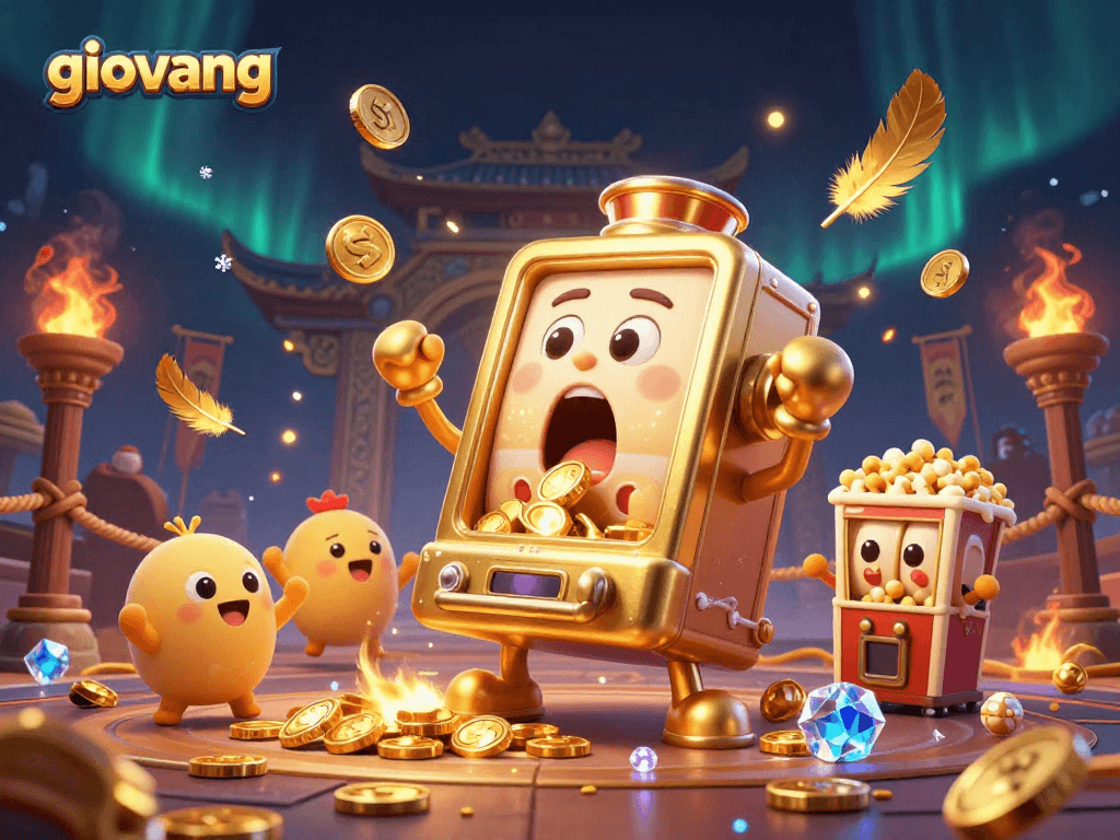 Experience giovang with thrilling gameplay as the golden slot machine hits a jackpot, surrounded by excitement.