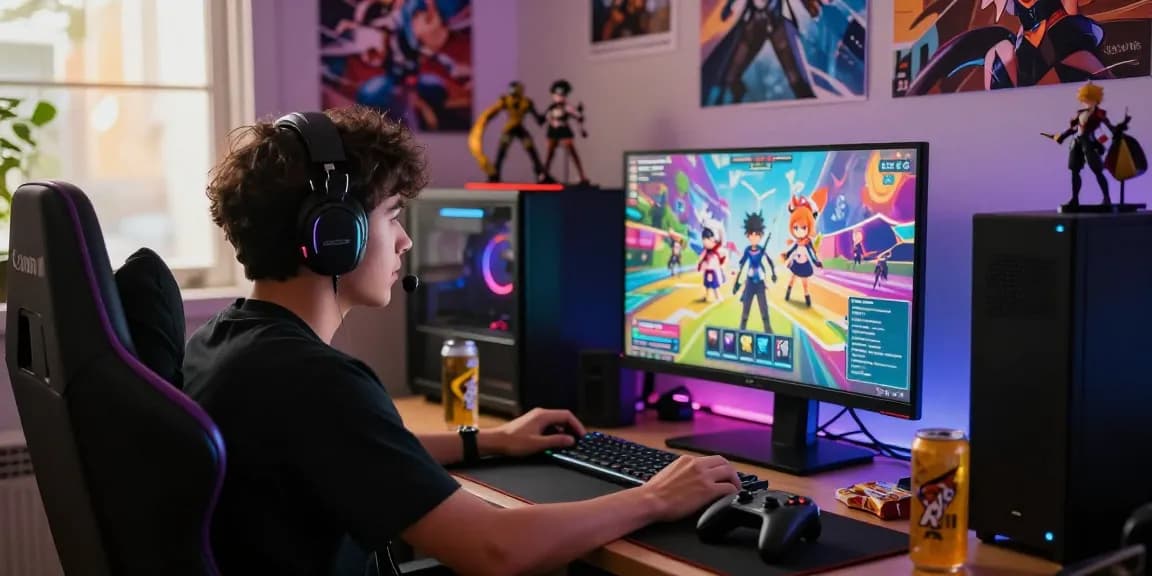 Gamer enjoying gacha168 with vibrant game setup and collectibles