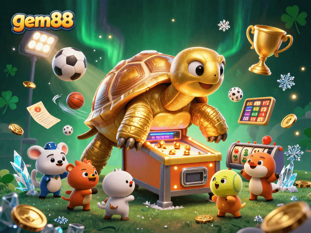 Experience gem88 with a colossal tortoise pinball machine surrounded by thrilling sports betting elements.