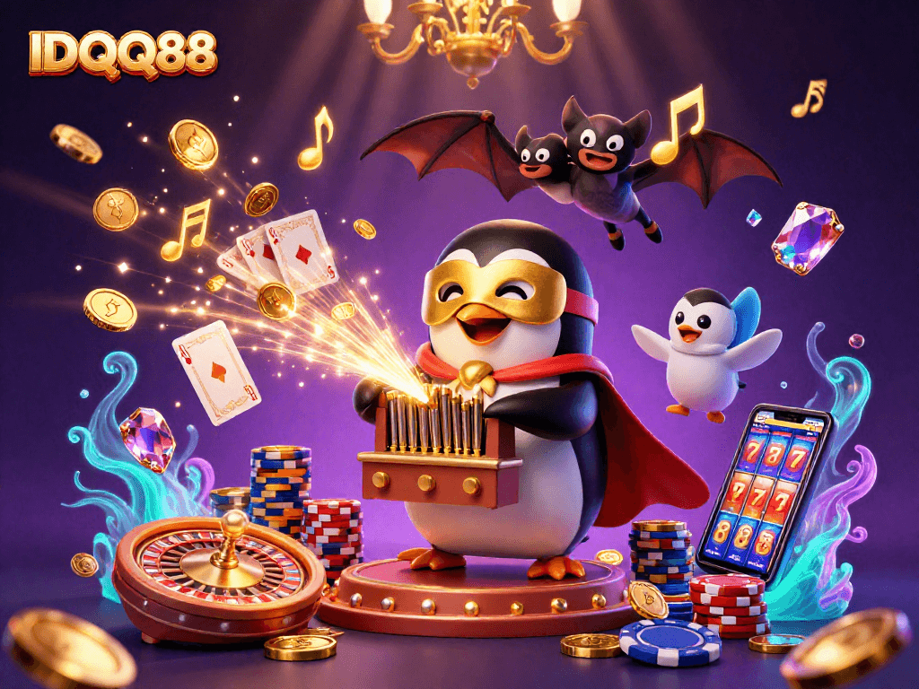 Experience thrilling moments with IDQQ88, featuring a penguin organist amidst casino excitement.
