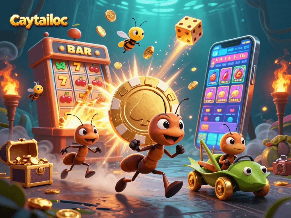 Engaging scene of ants heisting a giant poker chip in the caytailoc slot game, with vibrant casino elements.