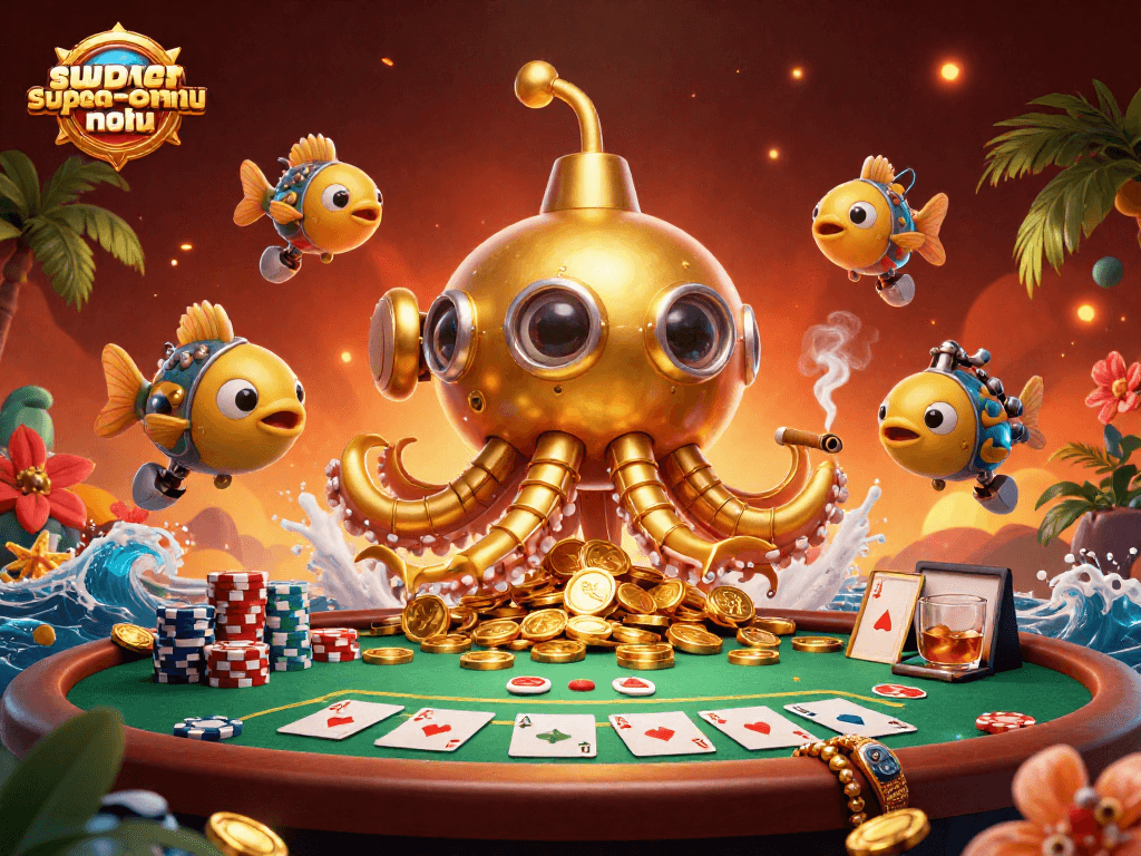 Experience the excitement of superace-nohu with a vibrant 3D casino scene featuring poker elements.