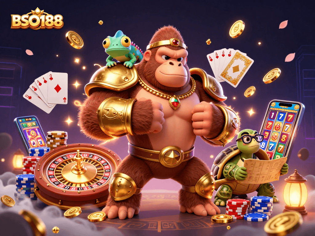 Engage with BSO188, experiencing a vibrant 3D casino realm filled with dynamic characters and exciting game elements.