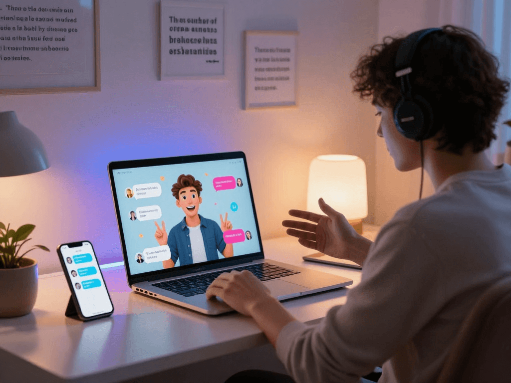 User engaged in porn ai chat on a laptop, showcasing a modern digital interaction with vibrant graphics.