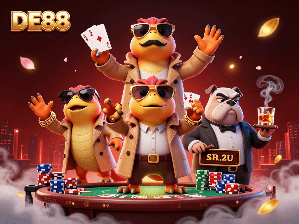 Experience the thrill of DE88 with three raptors in a trench coat entering a VIP casino, surrounded by poker elements.