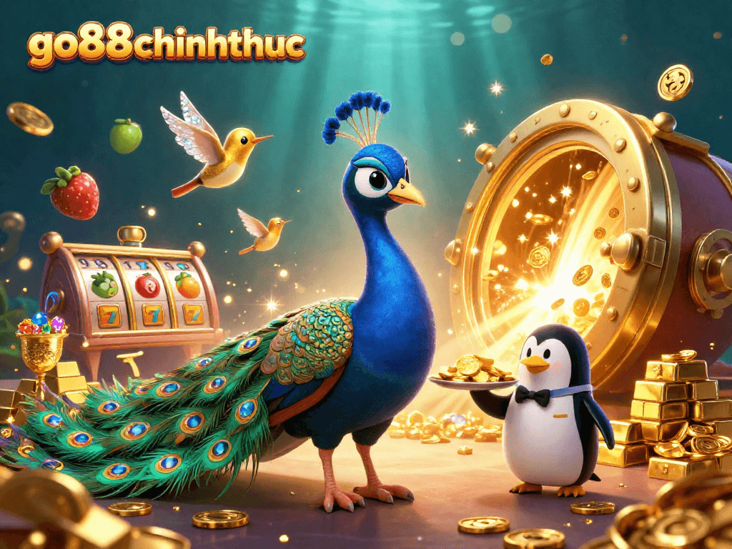 Engage players with go88chinhthuc in a vibrant 3D casino scene filled with slot reels and golden treasures