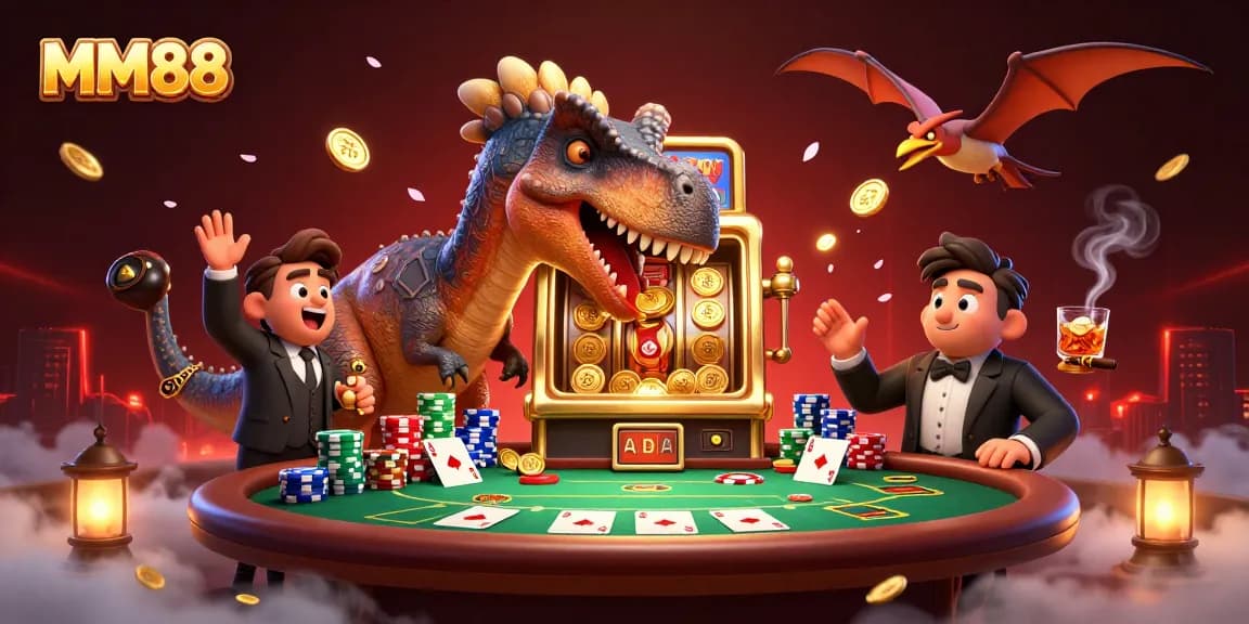MM88 features a pachycephalosaurus winning coins from a slot machine amidst a vibrant casino scene.