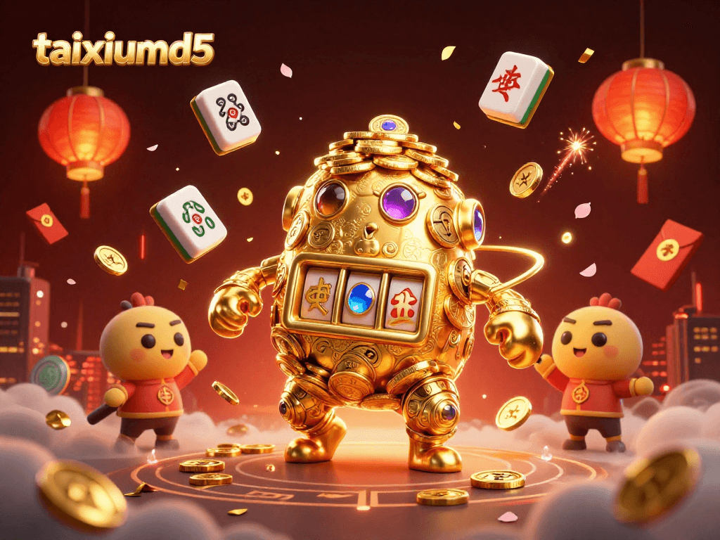 Experience taixiumd5 with a vibrant casino scene, featuring gold coins, colorful elements, and animated characters.