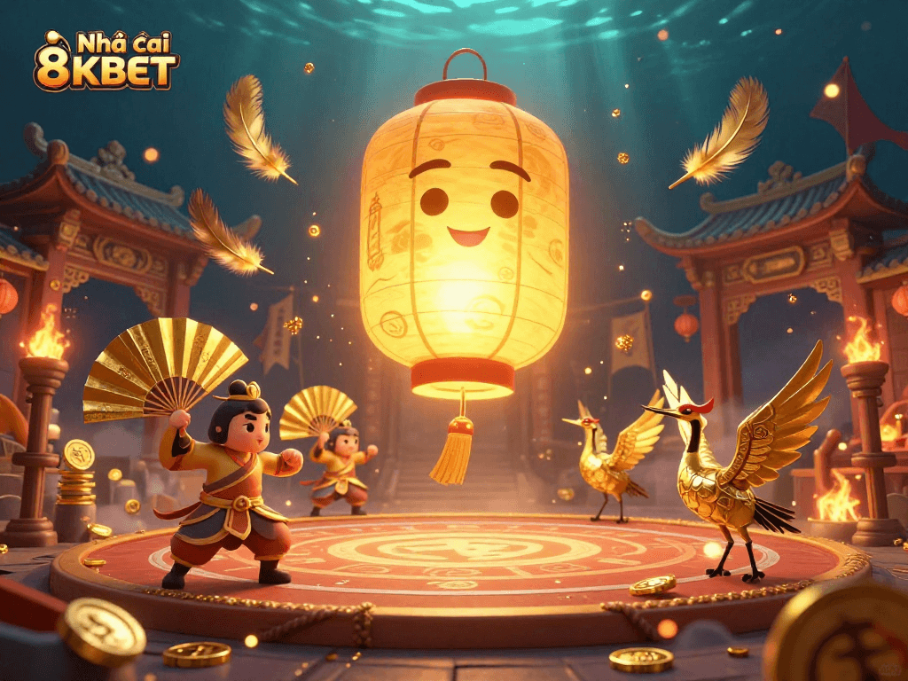 View the colorful scene of Nhà cái 8KBET's vibrant casino with lucky symbols and dynamic characters.