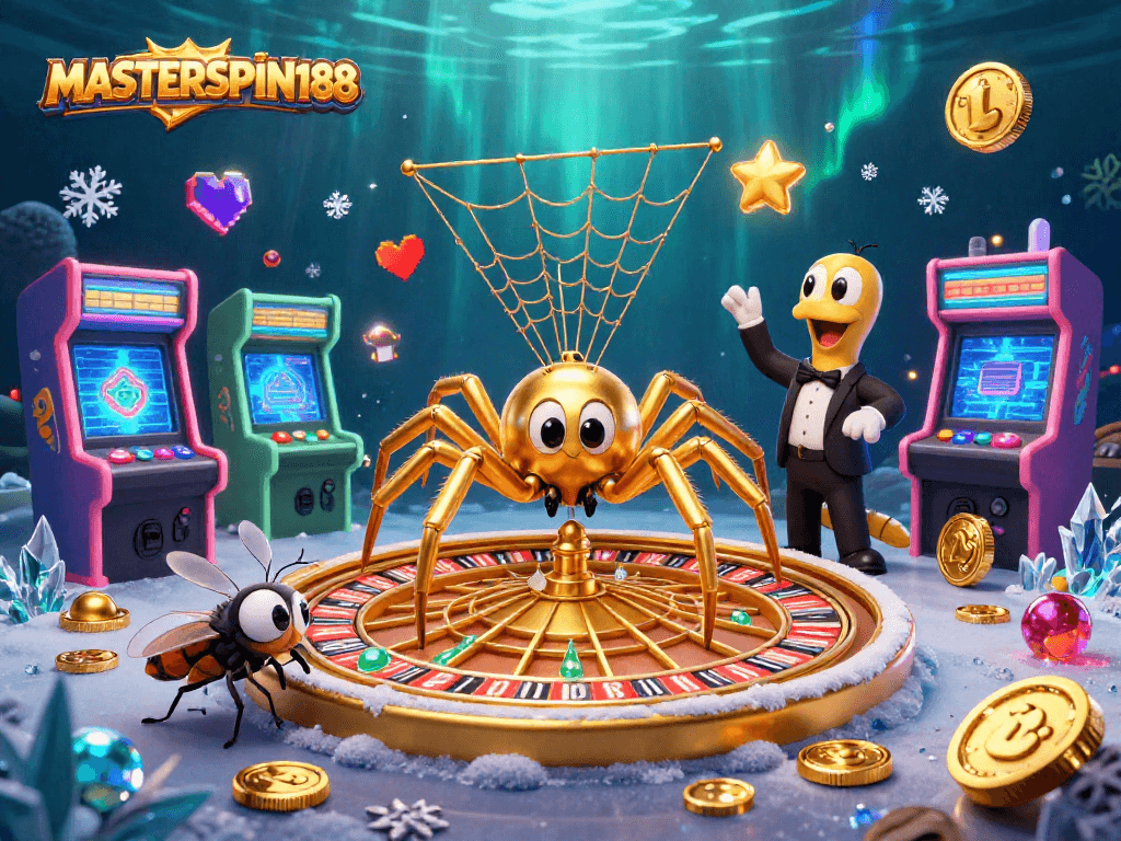 Engage with MASTERSPIN188 on this vivid casino-themed 3D illustration filled with gaming elements.