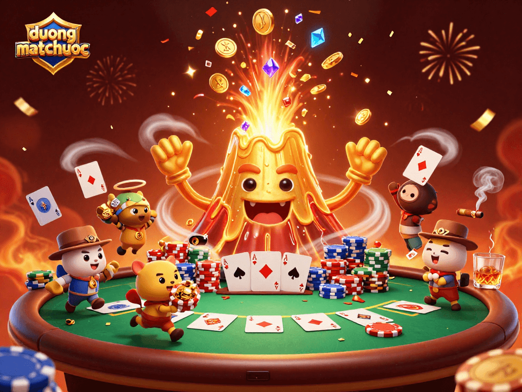 Win big with duongmatchuoc as a triumphant volcano showers treasures on eager explorers in a lively poker scene.