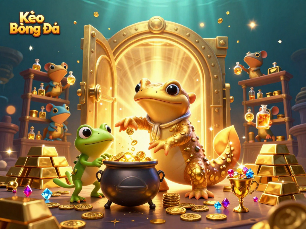 Kèo Bóng Đá showcases a magical scene of alchemy with golden treasures bursting forth in a fantasy casino.