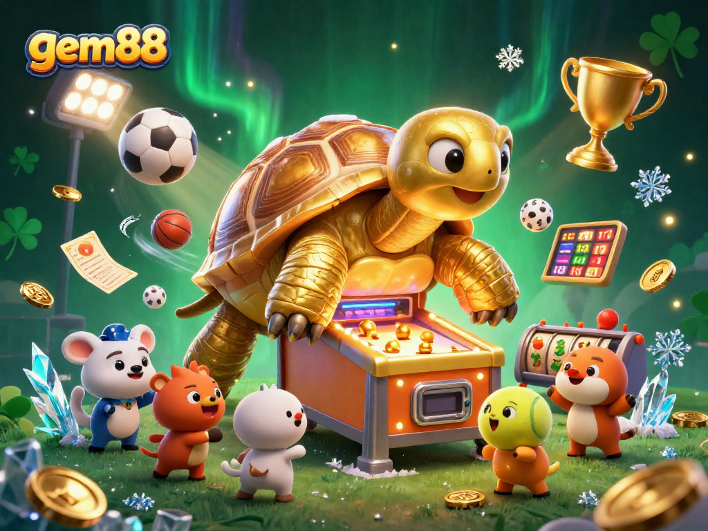 Experience gem88 with a colossal tortoise pinball machine surrounded by thrilling sports betting elements.