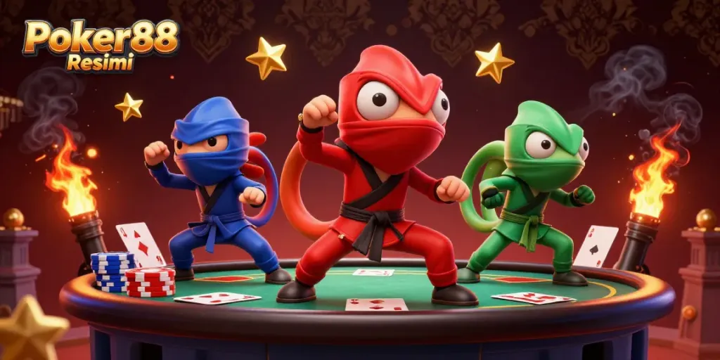 Experience Poker88 Resmi with a vibrant team of chameleon ninjas amidst dazzling poker elements.
