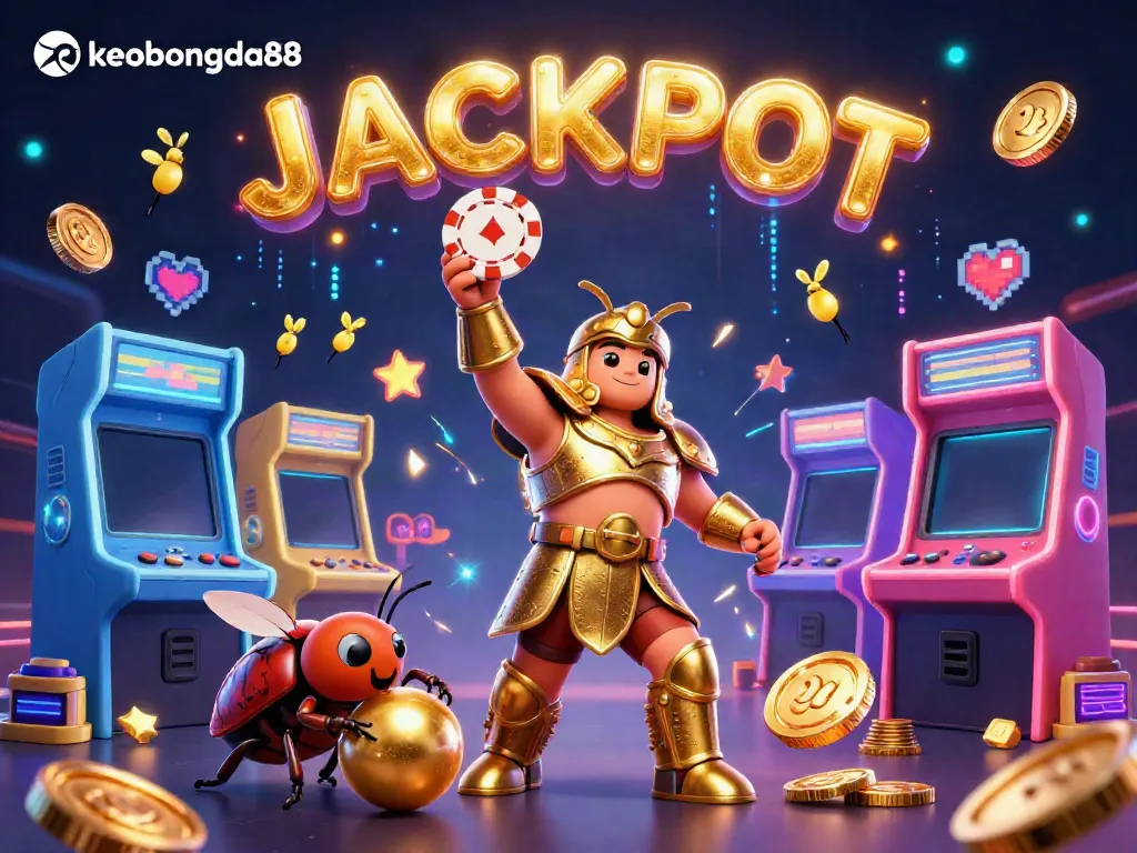 Experience the vibrant excitement of keobongda88 as a heroic beetle lifts a poker chip celebrating a jackpot win.