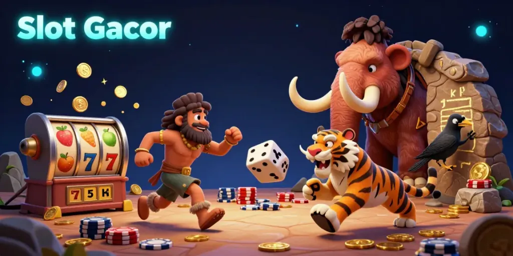 Experience thrilling gameplay at Slot Gacor with a vibrant prehistoric casino featuring dynamic slot reels and playful characters.
