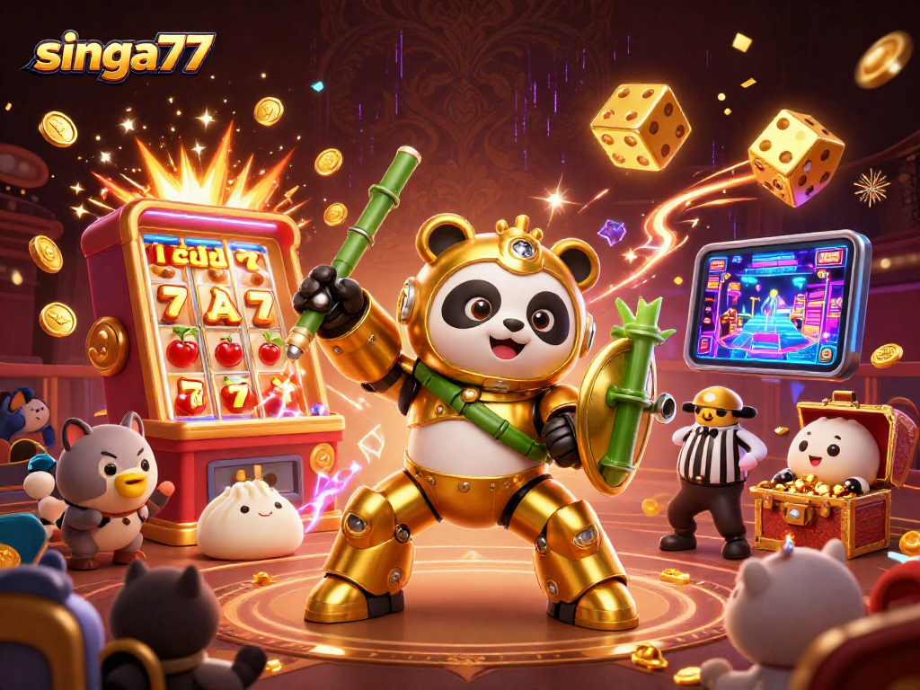 Singa77 showcases vibrant 3D casino excitement with a golden panda and jackpot symbols bursting in action.