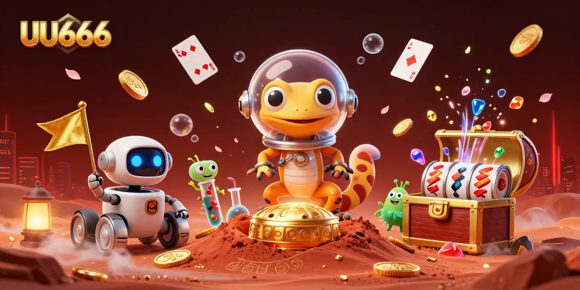 Join the fun at UU666 as a cartoon Martian gecko celebrates winning at an alien casino.