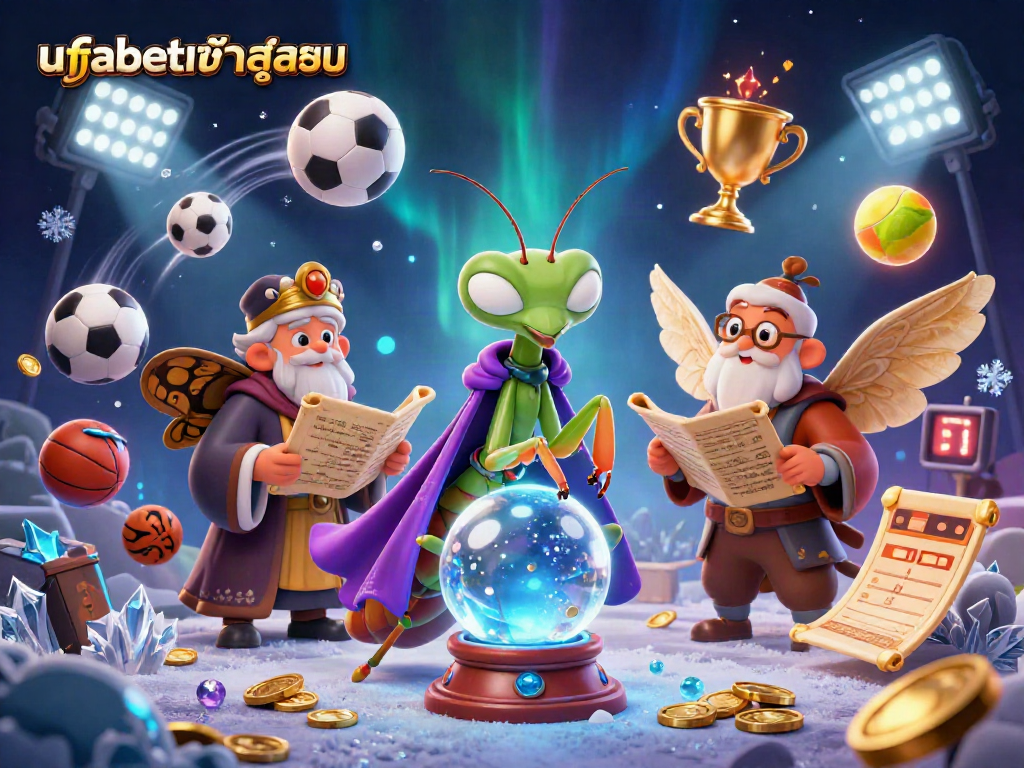 Engage in thrilling betting with ufabetเข้าสู่ระบบ in a mystical casino scene of fortune tellers and sports elements.