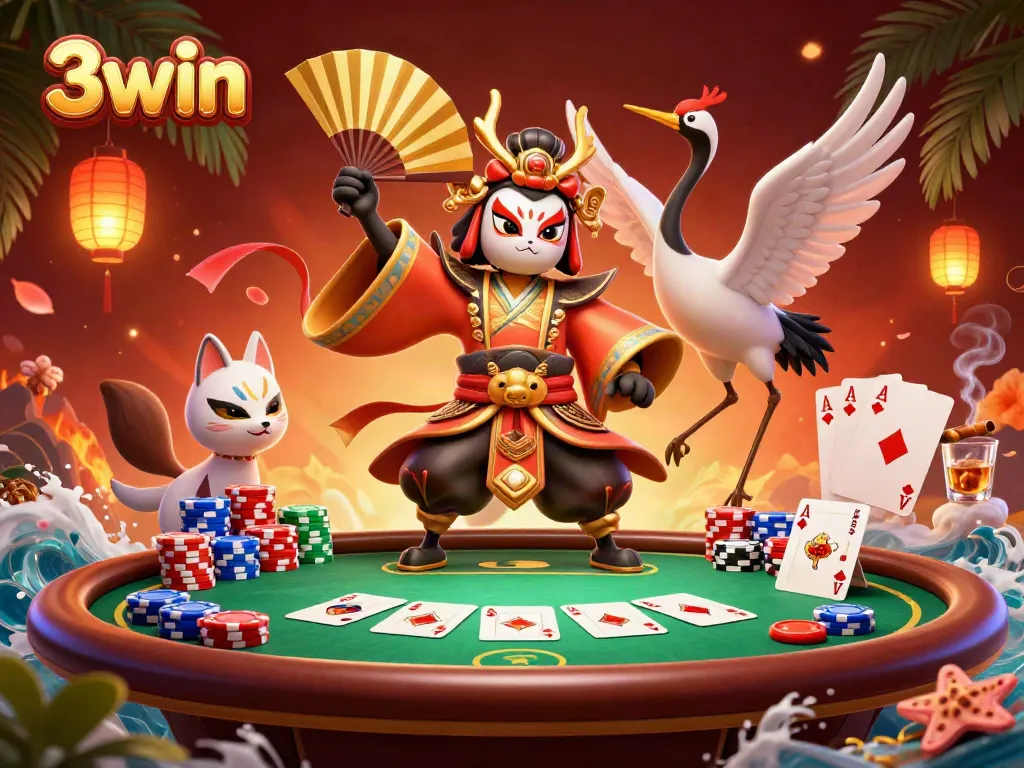 Engage with thrilling poker action at 3win featuring a dynamic kabuki crane and vibrant casino elements.