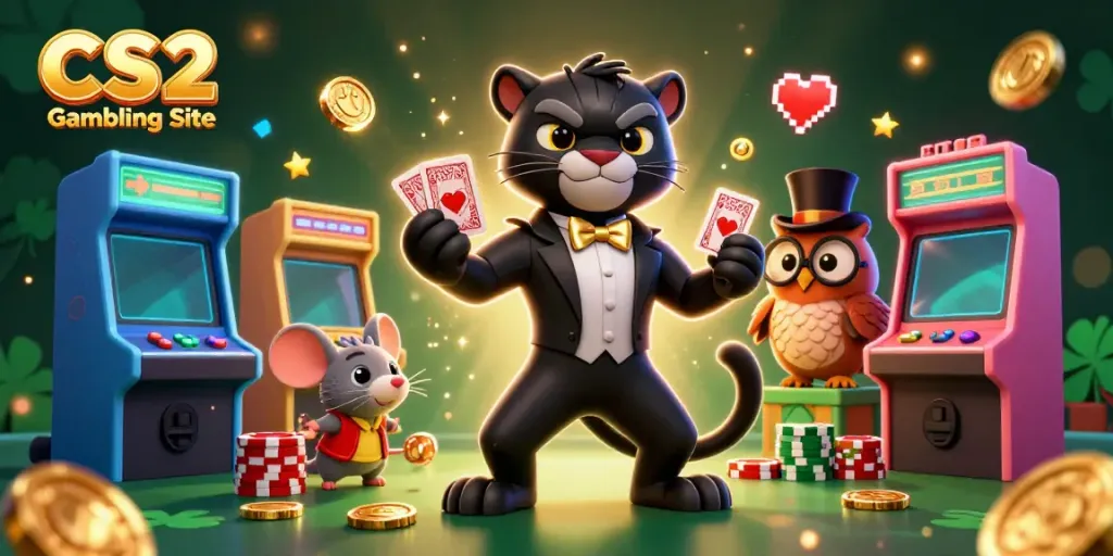 Stylish characters enjoying a vibrant CS2 Gambling Site scene with arcade machines and cards.