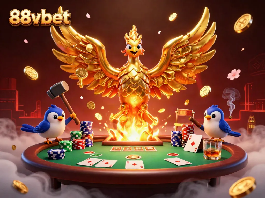 Engage in exciting gameplay with 88vbet's lavish casino scene featuring golden phoenix and dynamic card action.