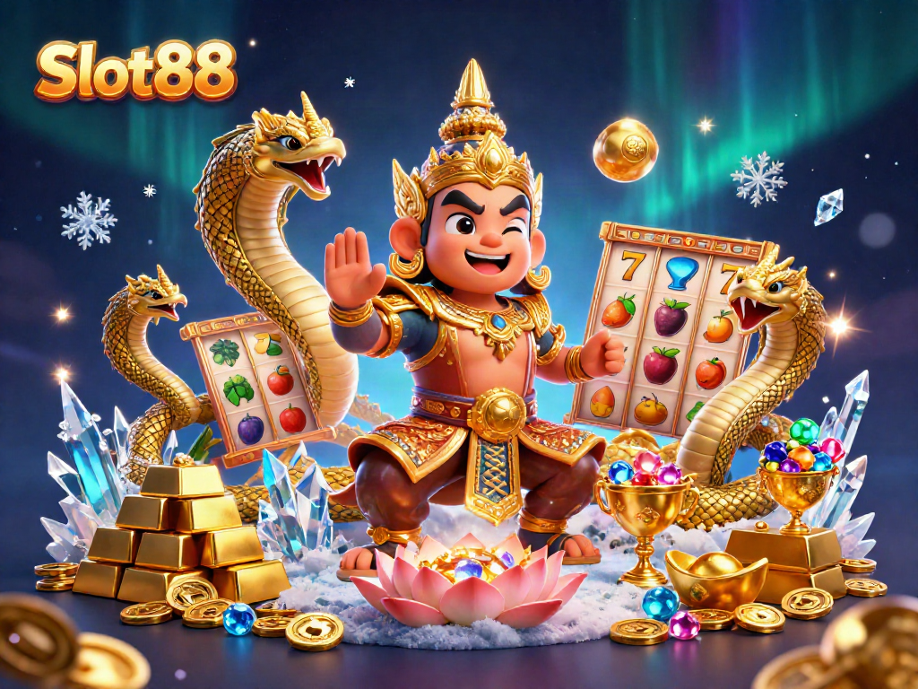 Win big with Slot88 in this lively 3D casino scene filled with vibrant treasures and characters.