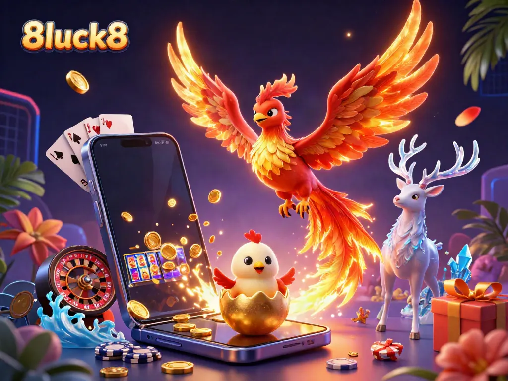 Experience thrilling gameplay at 8luck8 with an enchanting phoenix scene in a vibrant casino setting.