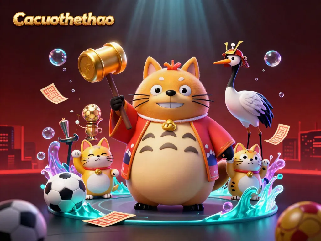 Cacuocthethao showcases a vibrant illustration featuring lucky tanuki, samurai crane, and fortune cats amidst sports betting excitement.