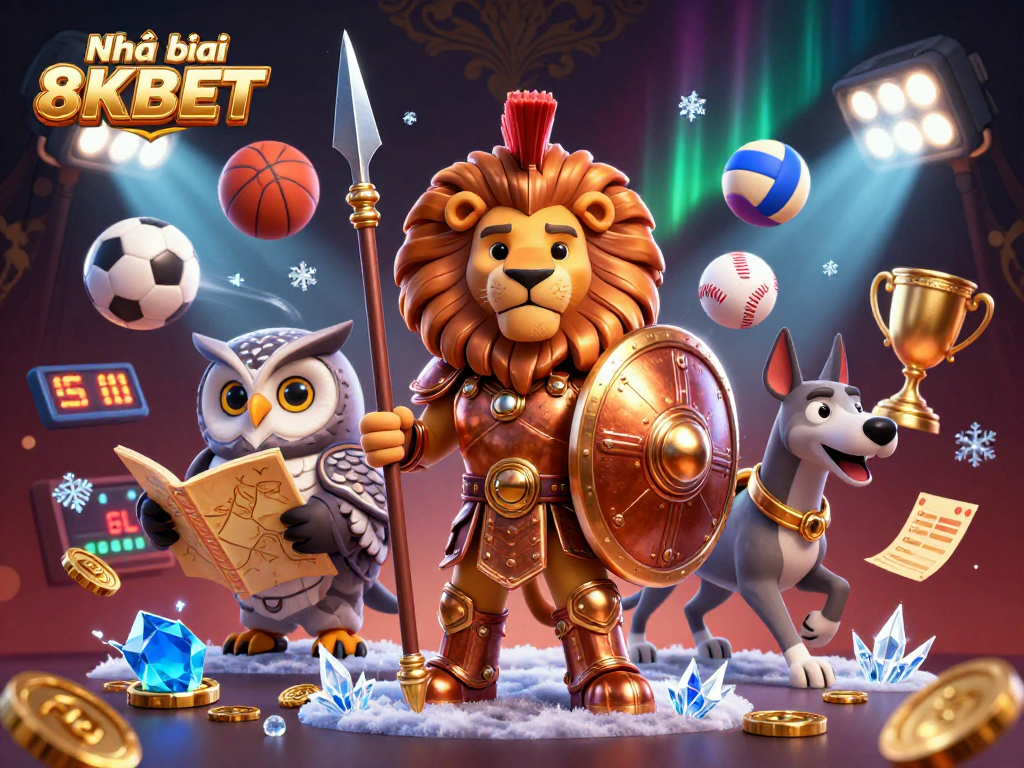 Engage with Nhà cái 8KBET’s thrilling gaming experience in this vibrant 3D illustrated scene.
