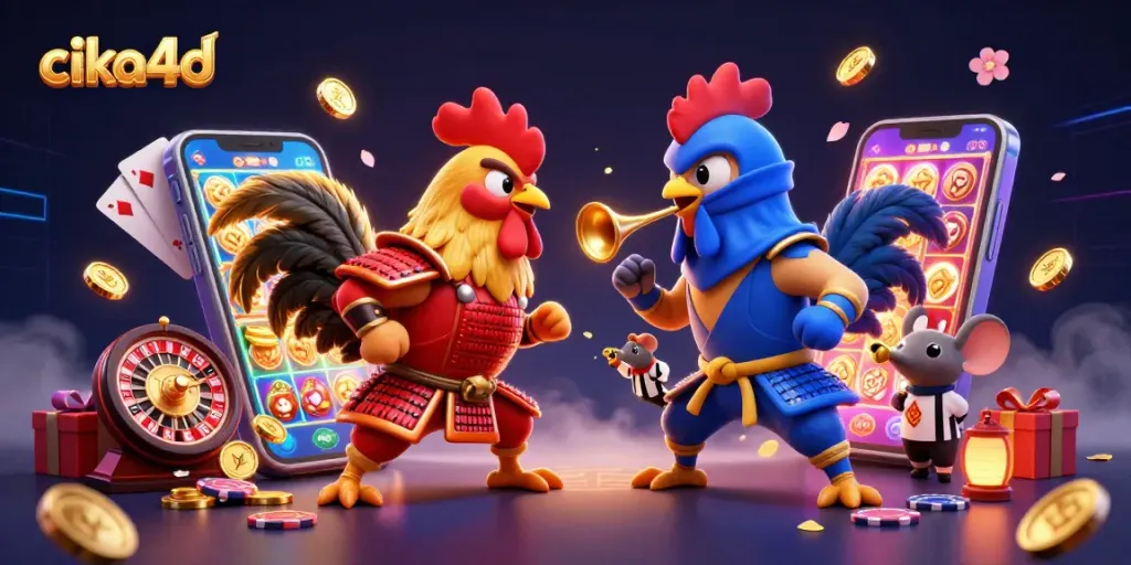 Engage with Cika4D's thrilling showdown of roosters amid vibrant casino elements.