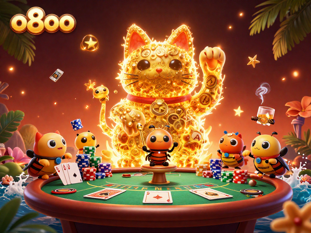 Engage with the vibrant o8oo scene of a lucky cat formed by fireflies, set around dynamic poker elements.