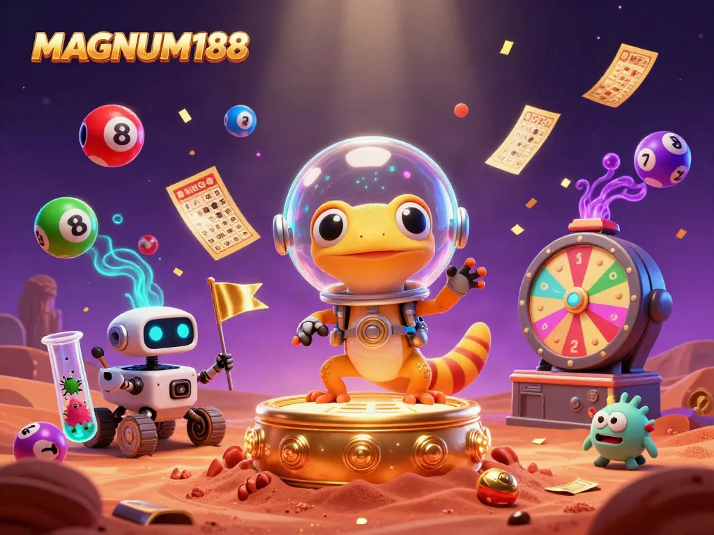 Experience the excitement of MAGNUM188 with a vibrant casino illustration featuring colorful lottery elements.