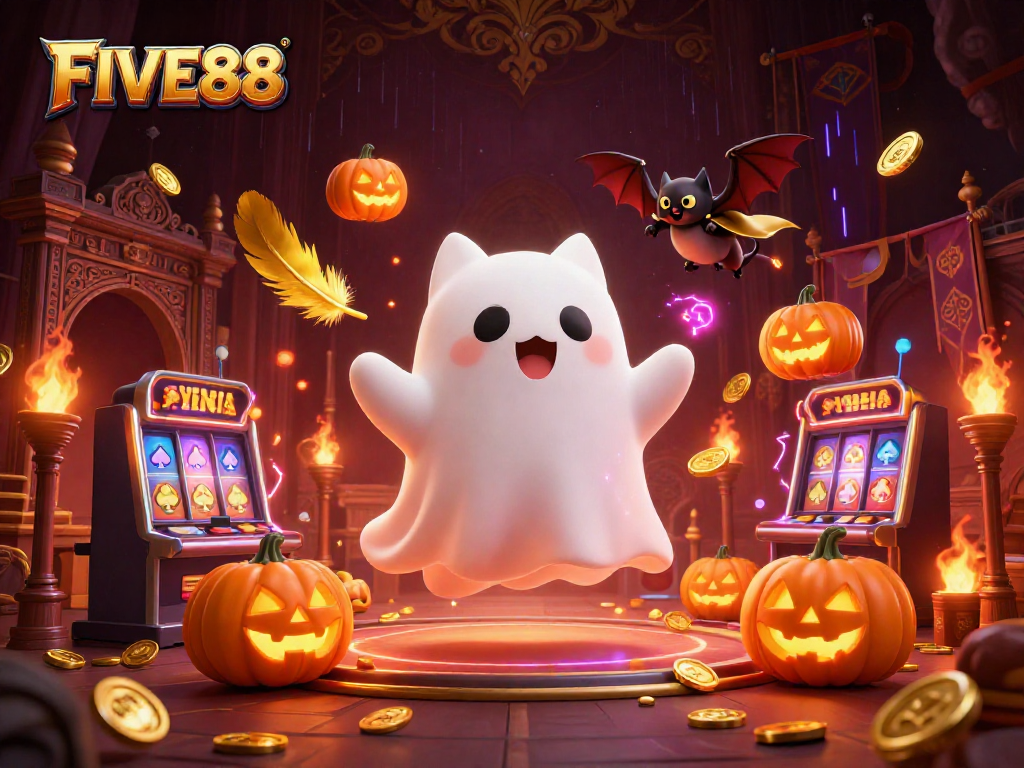 FIVE88 showcases a ghost cat and vampire bat in a haunted casino, surrounded by golden game elements.