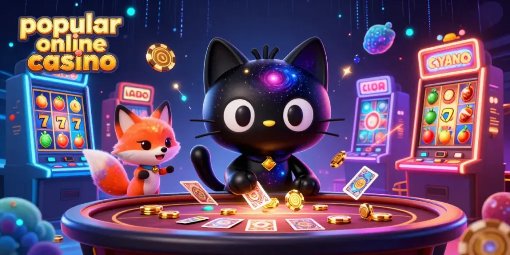 Experience the thrill at the popular online casino with a cosmic cat drawing in chips and cards.