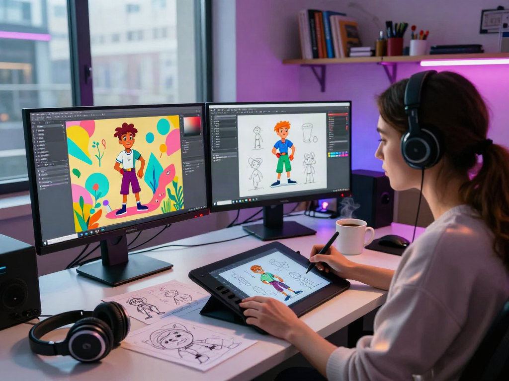 Creative workspace displaying the process of a porn ai generator artist designing animated characters.