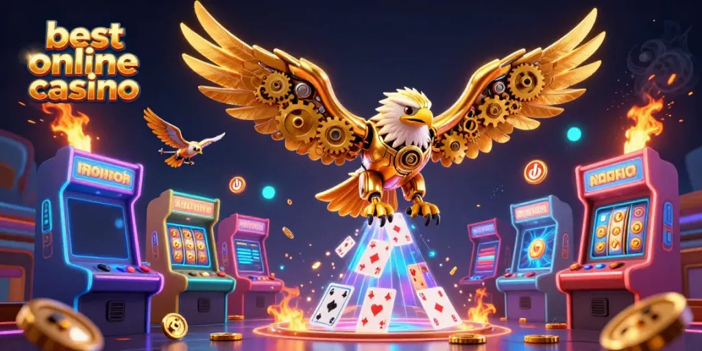 Dive into the best online casino with a cybernetic eagle flying through holographic cards.