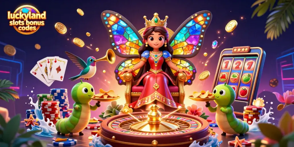 Engage with LuckyLand Slots bonus codes through this vibrant 3D illustration of a fairy-tale casino scene.