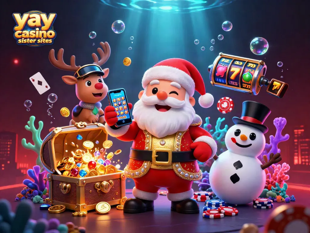 Enjoy thrilling gameplay at yay casino sister sites with Santa and friends amidst colorful casino elements.
