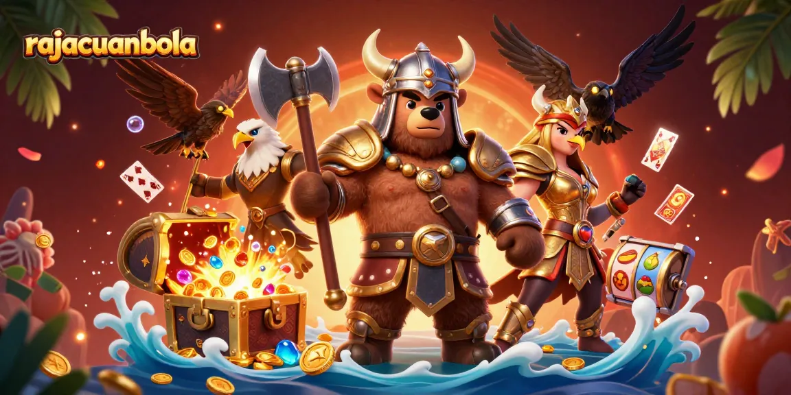 Explore dynamic casino games with rajacuanbola's Viking bear and Valkyrie eagle in a 3D illustration.