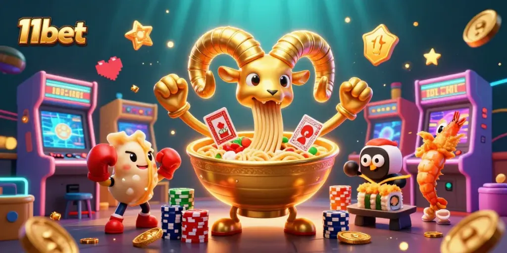 Engage in thrilling gameplay with 11bet, featuring a unique casino themed giant ramen bowl and vibrant game elements.