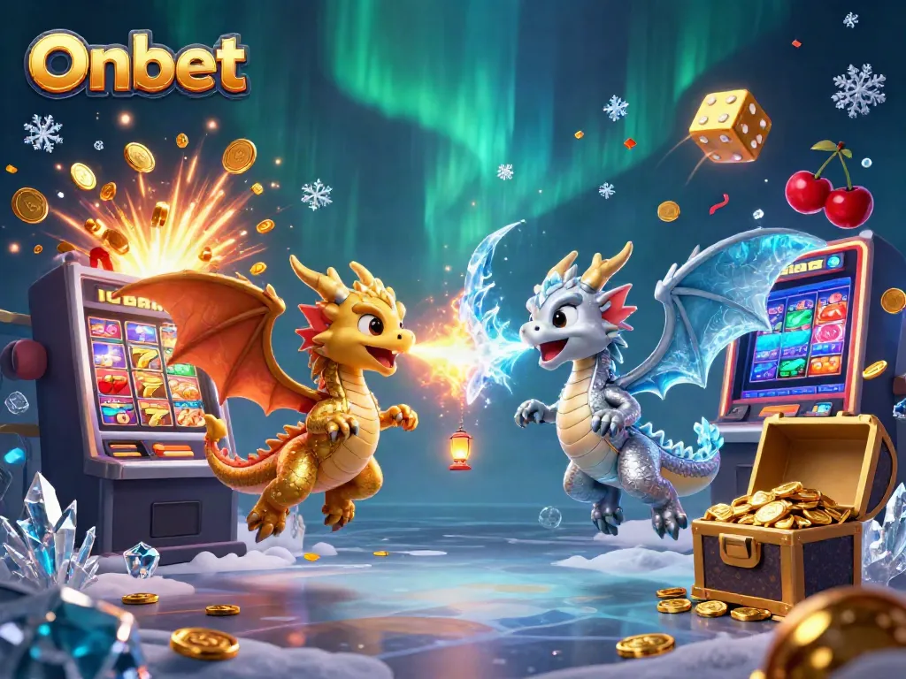 Engage with thrilling Onbet experience featuring gold and silver dragons amidst casino elements.