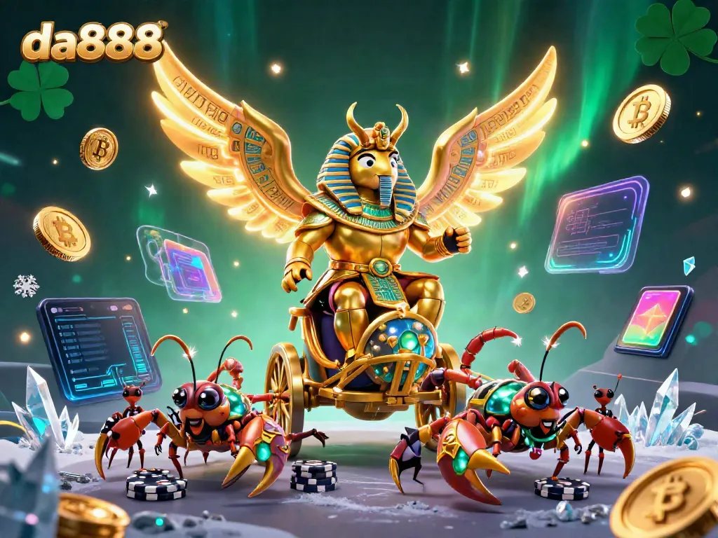 Engage with da888's dynamic gambling scene featuring a golden scarab beetle and crypto elements.